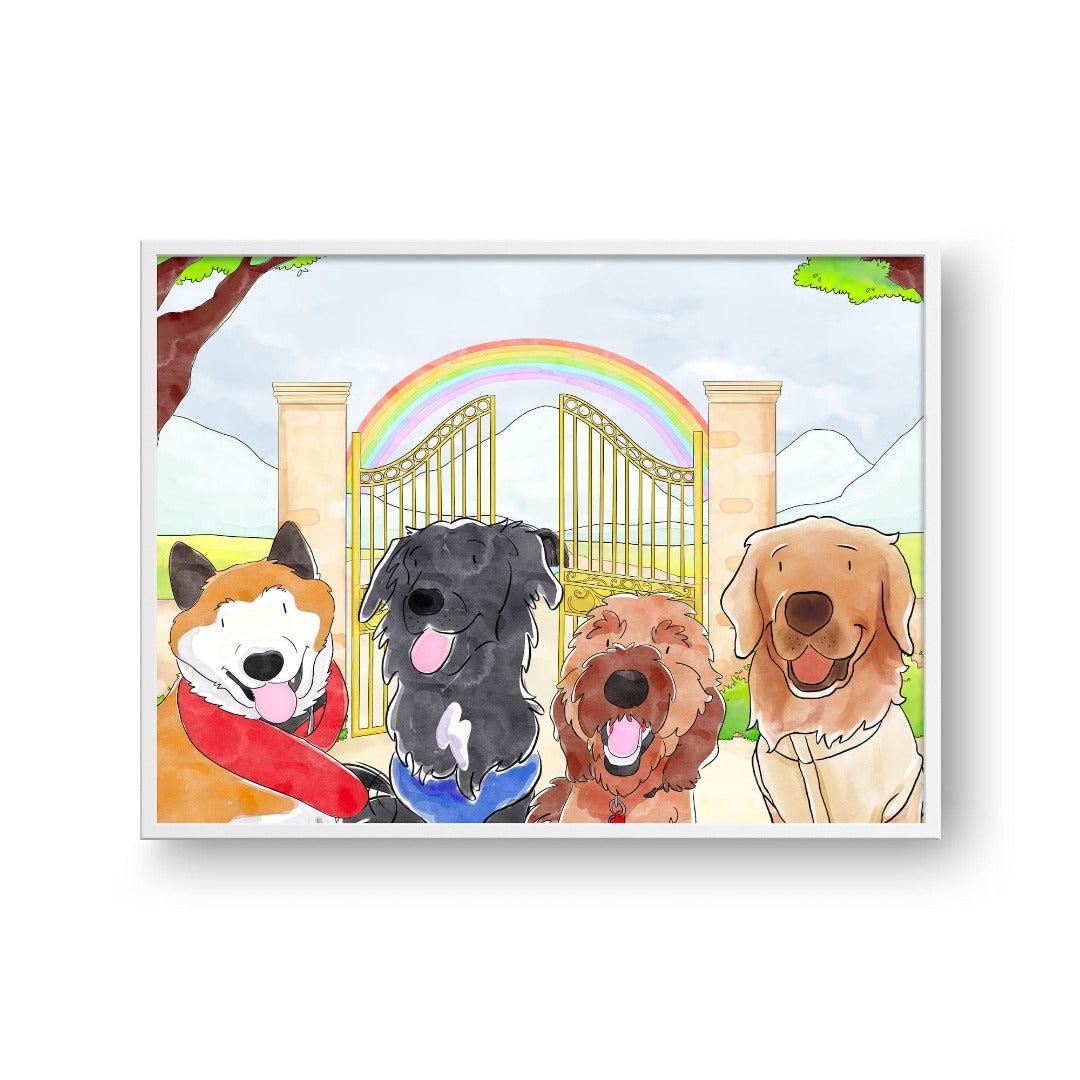 Crown and Paw - Framed Poster Watercolor Pet Portrait - Four Pets, Framed Poster 10" x 8" / White / Rainbow Bridge
