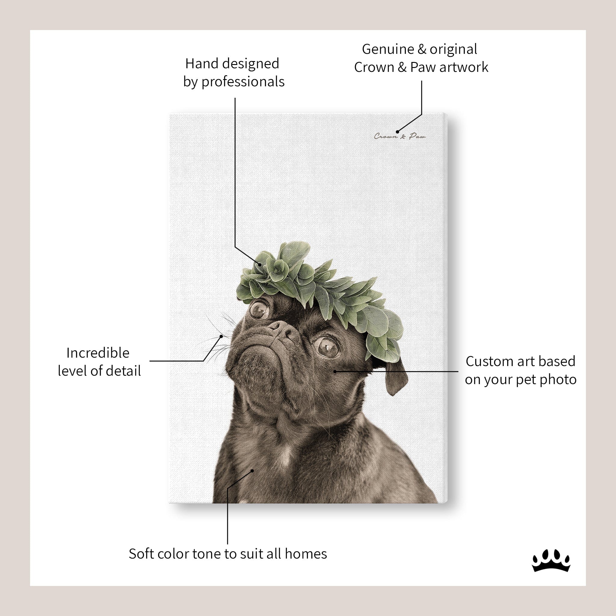 Crown and Paw - Canvas Full Bloom Pet Portrait - Custom Canvas