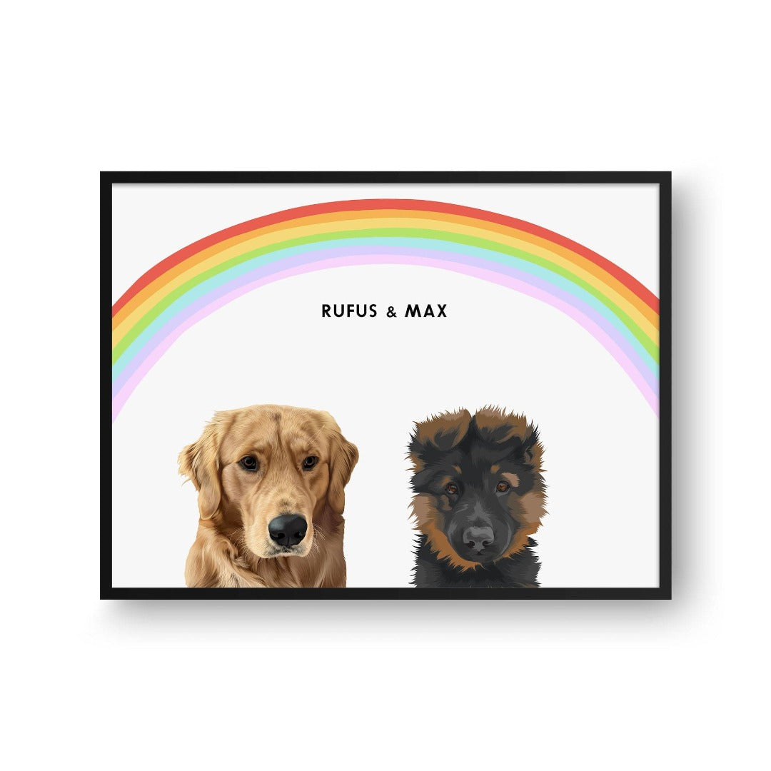 Crown and Paw - Framed Poster Modern Pet Portrait - Two Pets 10" x 8" / Black / Rainbow