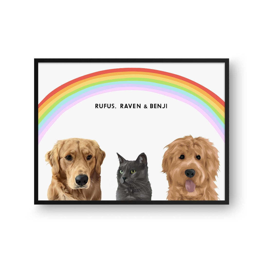 Crown and Paw - Framed Poster Modern Pet Portrait - Three Pets 10" x 8" / Black / Rainbow