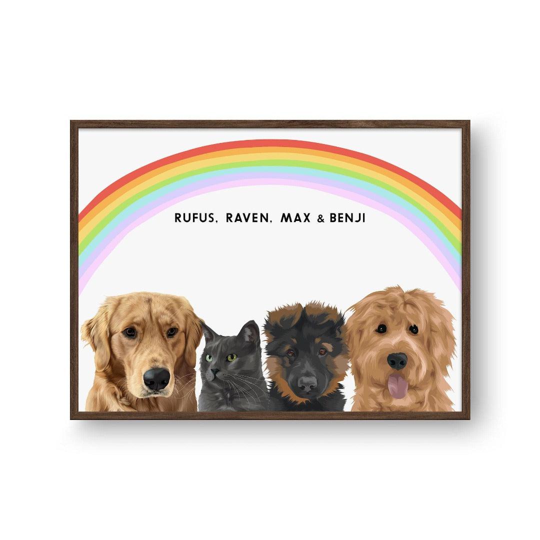 Crown and Paw - Framed Poster Modern Pet Portrait - Four Pets 10" x 8" / Walnut / Rainbow