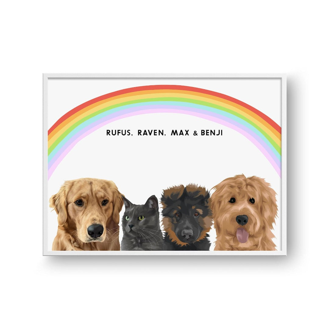 Crown and Paw - Framed Poster Modern Pet Portrait - Four Pets 10" x 8" / White / Rainbow
