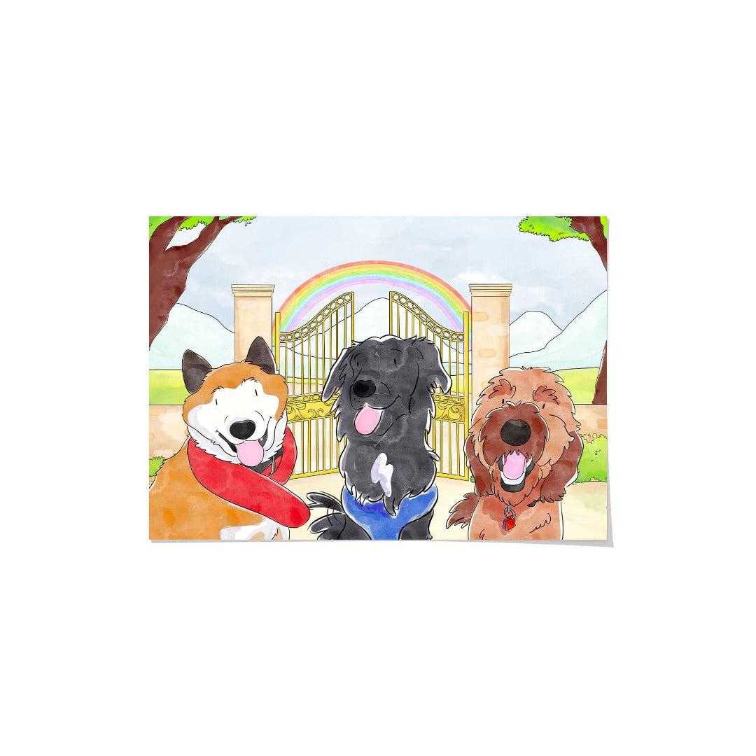 Crown and Paw - Framed Poster Watercolor Pet Portrait - Three Pets, Framed Poster 10" x 8" / Unframed / Rainbow Bridge