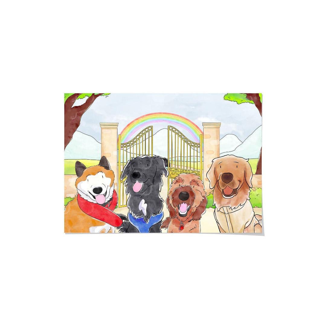 Crown and Paw - Framed Poster Watercolor Pet Portrait - Four Pets, Framed Poster 10" x 8" / Unframed / Rainbow Bridge