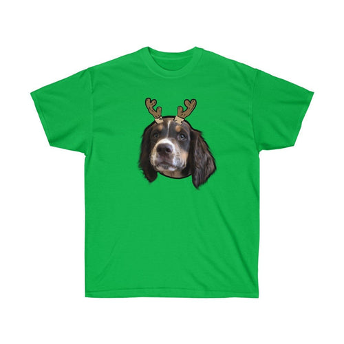Crown and Paw - Custom Clothing Novelty Pet Face Christmas T-Shirt Festive Green / Reindeer Antlers / S