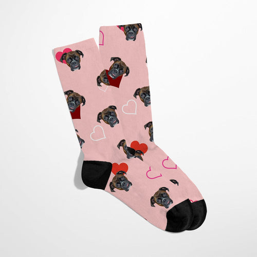 Crown and Paw - Custom Clothing Custom Valentines Pet Face Socks Pink / Red and White Hearts / S-M