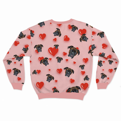 Crown and Paw - Custom Clothing Pet Face Pattern Valentines Sweatshirt Pink with Red Hearts / S