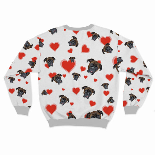 Crown and Paw - Custom Clothing Pet Face Pattern Valentines Sweatshirt White with Red Hearts / S